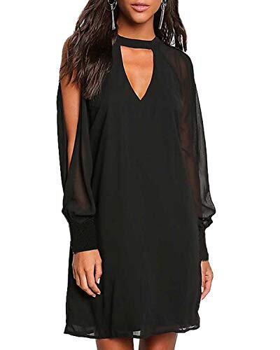 YOINS Femmes Robe Mousseline Épaules Dénudées Sexy Élégante Dress Manches Longues T-Shirt Robe Patineuse Col V, C-noir, L