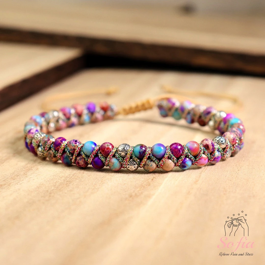 Natural Sea Sediment Jasper Bracelet - Purple Jasper Stone Braided Bracelet - Sediment Gemstone Healing Bracelet Gift for her, gift for him