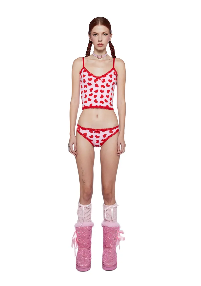 Sugar Thrillz Heart Print Bra And Panty Set - Pink