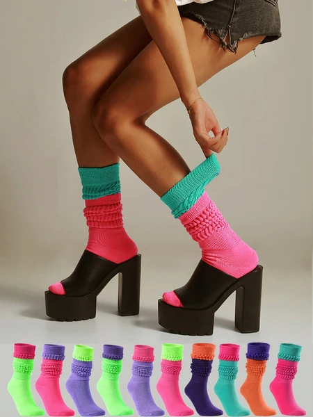 ECIEXI 1 paire de chaussettes mi-mollet bicolores, chaussettes bouffantes et souples, chauffe-jambes doux et chauds pour le printemps, convenant à un usage quotidien, aux festivals, aux fêtes et aux sports de plein air