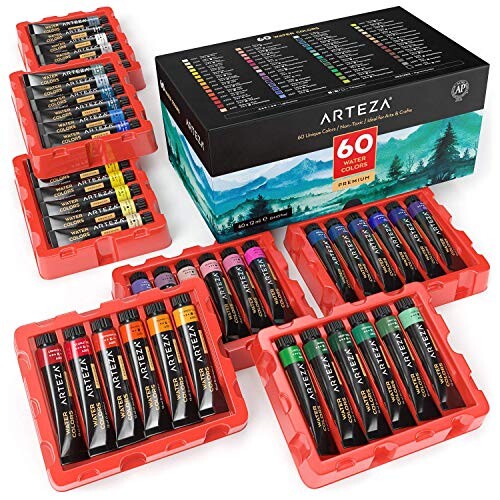 ARTEZA Peinture aquarelle haute qualité, Tubes de 12 ml, Ensemble de 60 couleurs vibrantes, Parfait pour artistes, étudiants et débutants
