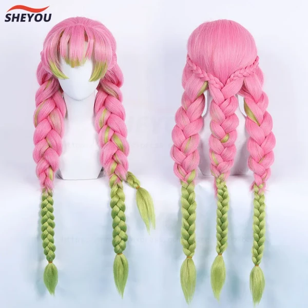 Perruque de Cosplay Anime Mitsuri Kanroji, longue tresse rose verte, cheveux résistants à la chaleur, perruques de Cosplay authentiques + bonnet de perruque - AliExpress 200000532
