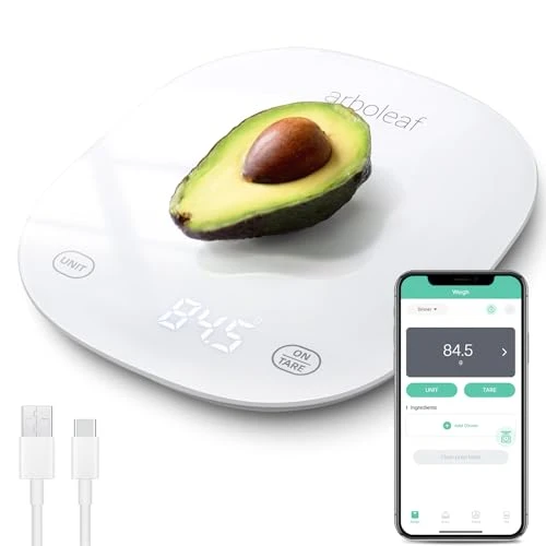 arboleaf Balance de Cuisine 10kg/0,5g, Balance Cuisine, Balances de Cuisine Connecté qui Calcule les Calories, Balance Nutritionnelle Connectée, Rechargeable USB