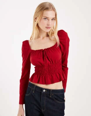 Miss Selfridge - Top à manches longues tendance folk - Cerise