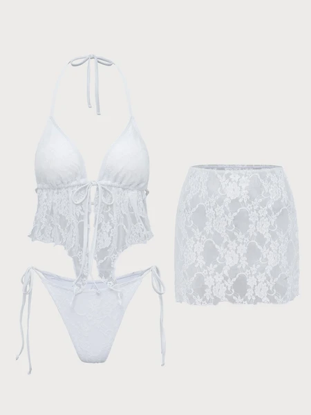 White Lace Three-Piece Tankini Swimsuit