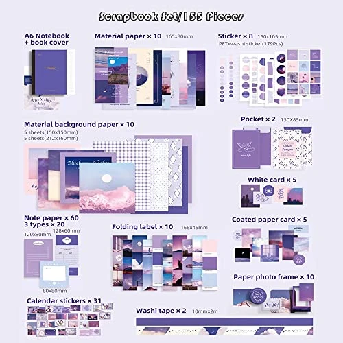 Irayin Kit d'accessoires de Scrapbooking de 155 Pièces, Esthétique Bullet Journal Scrapbook Kit avec A6 Grille Carnet, Autocollants de scrapbooking - Cadeau DIY pour Filles et Femmes (Clair de Lune)