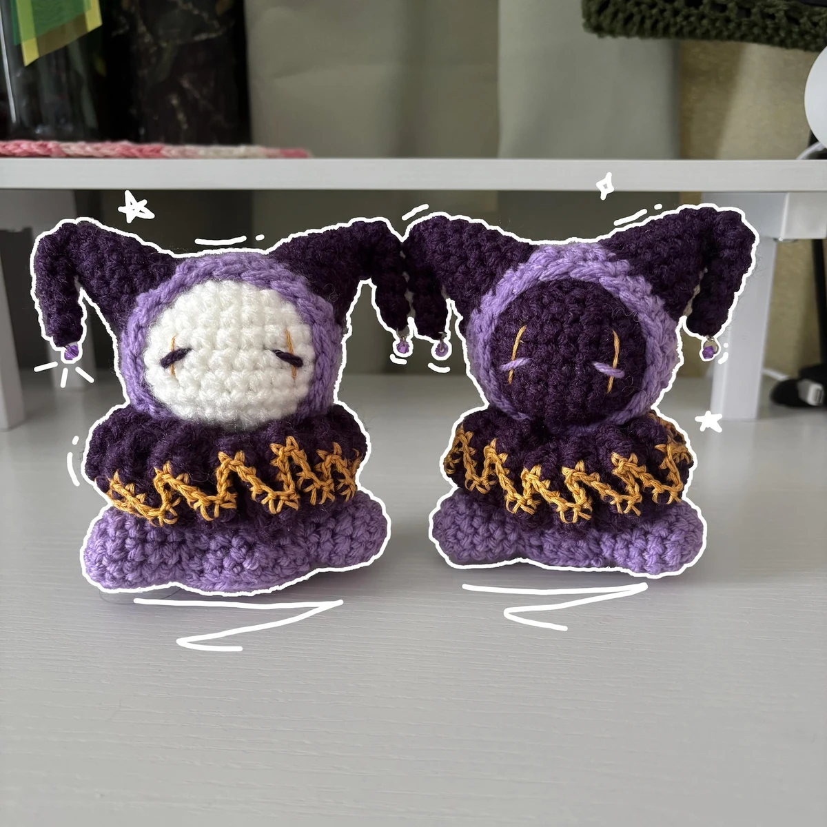 Handmade Crochet Jester Plushie – Whimsical Amigurumi Clown Doll in Purple Colorway
