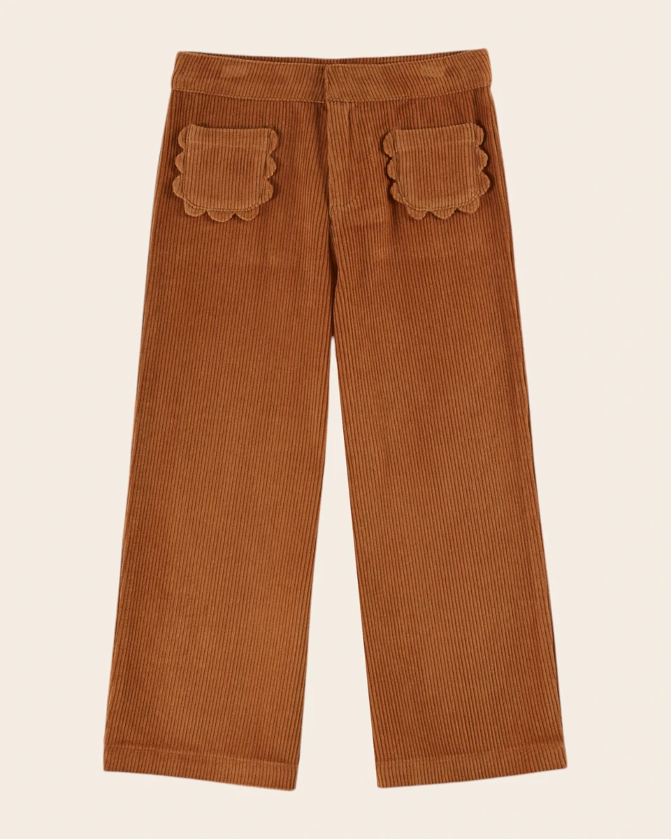 Pantalon velours poches fleurs caramel