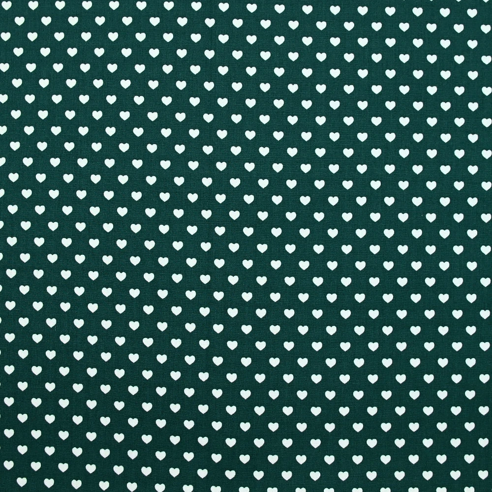 Popeline de coton imprimée petits cœurs fond vert foncé