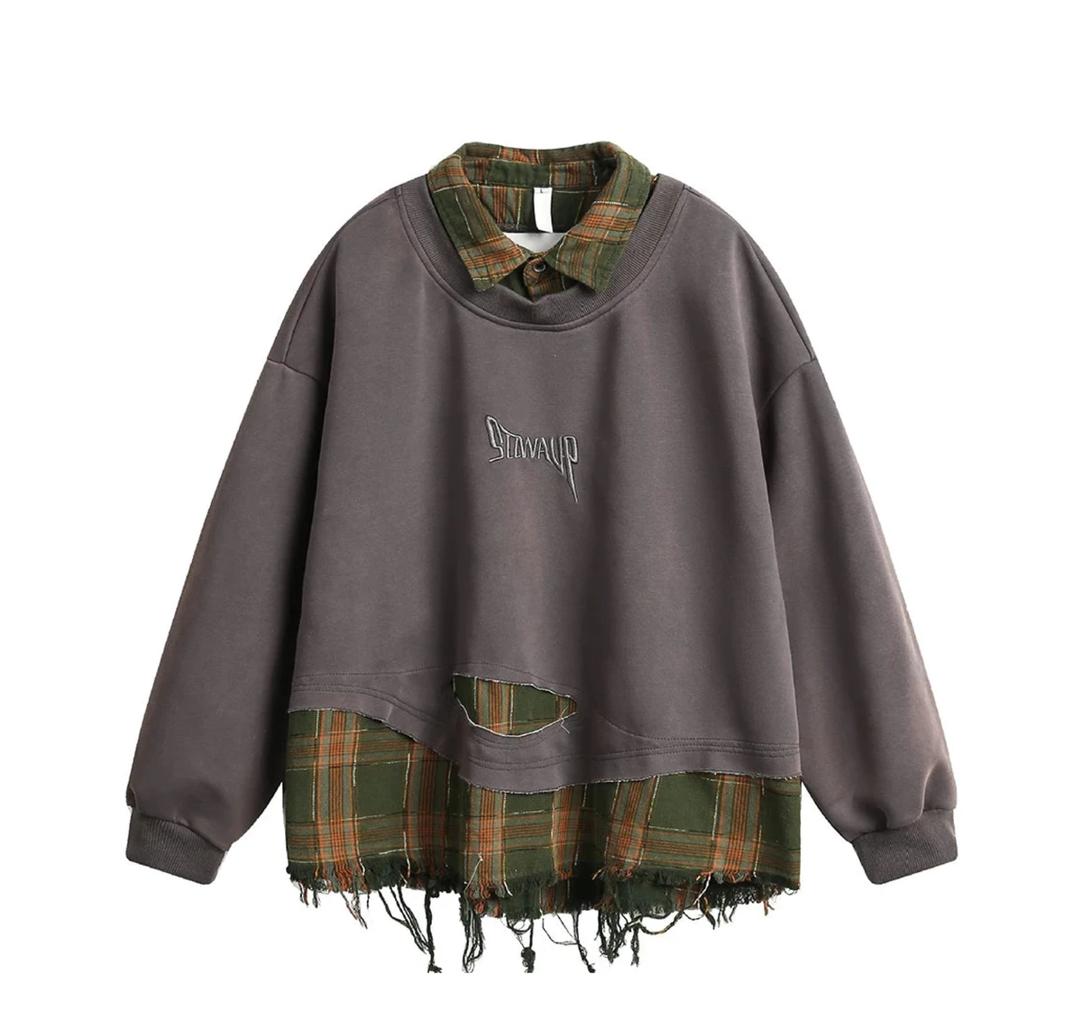 Retro Plaid-Layered Distressed Sweatshirt
