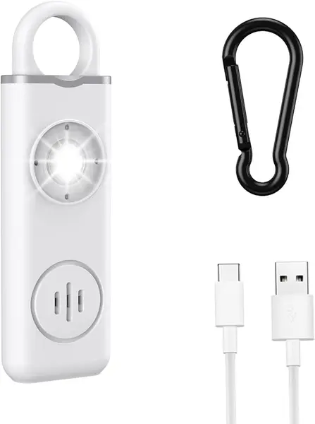 Alarme Personnelle pour Femmes Agées, ORIA Sirène Puissante 130 DB avec Lumière Stroboscopique LED et Mousqueton, Prend en Charge Le Chargement USB pour Femmes, Enfants, Personnes Agées - Blanc