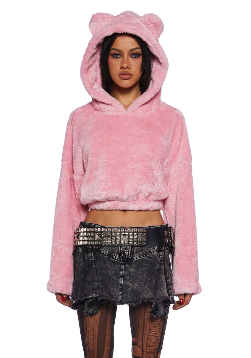 Pastel Goth Cozy Fuzzy Faux Fur Cropped Bear Pullover Hoodie - Pink