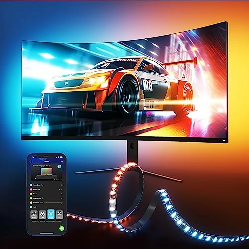 Govee Ruban LED pour Jeux G1 Rétro-éclairage de Moniteur pour PC 24-26 pouces, RGBIC WiFi luminaire avec Coleur Changeant,S'adapte aux Moniteurs Incurvés, Double Bande Lumineuse avec 123 Modes Scène