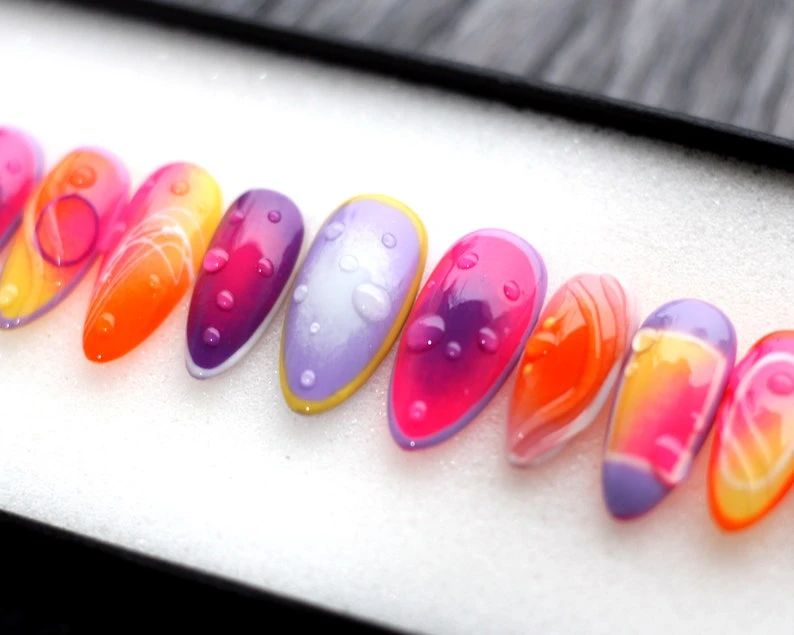 Y2K Press On Nails: 3D Flower, Hot Summer Colors, Oval Nail Set