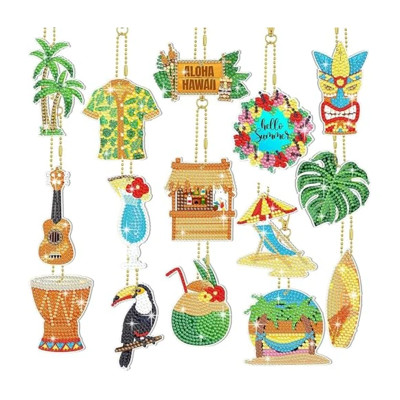 15 Pièces Porte-Clés en Diamant Kit Porte-Clés 5D DIY Hawaiian Diamond Painting Porte-Clefs en Strass Double Face avec Peinture d'art Accessoires pour loisirs créatifs Accessoires