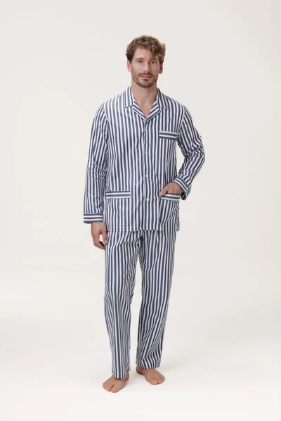 Cotton Pajama Set - Striped - Ink Blue and Forest Green