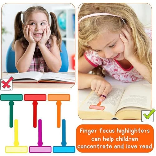 6 Pièces Outils de dyslexie pour Enfants, Bandes de Lecture guidées par Les Doigts avec Anneaux de Doigt, Bandes de Lecture en surbrillance, signets pour la Lecture