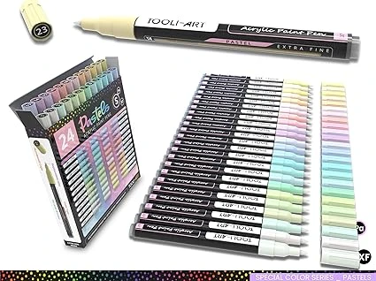 24 feutre acrylique marqueurs de peinture pastel avec pointe extra fine de 0,7 mm pour peindre sur la roche, le verre, le bois, le métal, la toile, les détails, non toxique à séchage rapide