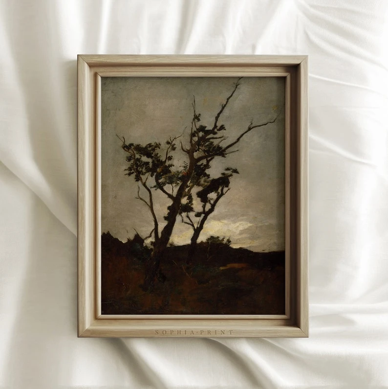 Arbre fatigué foncé, arbre jumeau pâle, impression Sophia, impression postale, impression expédiée, art mural champêtre, décoration de ferme, paysage vintage #256