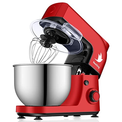 Nestling 5L Multifonctionn Pétrisseur Robot Pâtissier, mélangeur électrique de Cuisine à tête inclinable à 6 Vitesses 800W,Crochet pétrisseur, Fouet, Salade, gâteau - Rouge