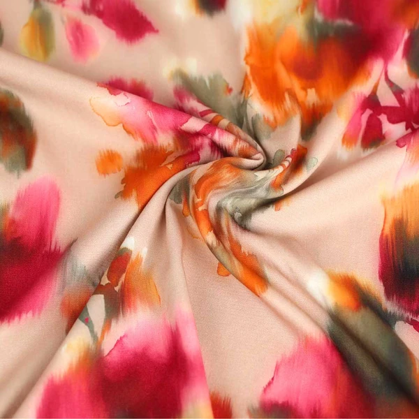 Tissu viscose sergé stretch rose à motif floral orange et rouge | Tissu pour couture d'habits fluide de poids léger