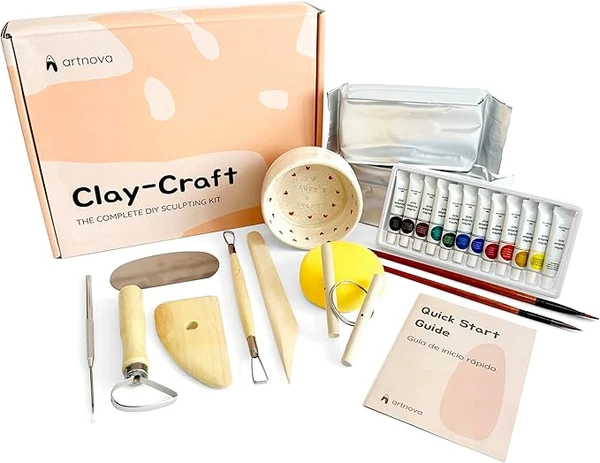 Kit complet de céramique : outils de moulage, peintures acryliques et guide de démarrage rapide pour loisirs créatifs en famille. DIY argile
