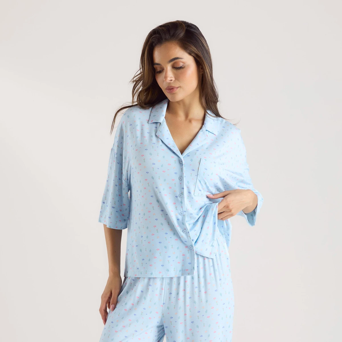 Chemise de Pyjama à Manches Courtes en Modal - Bleu Floral