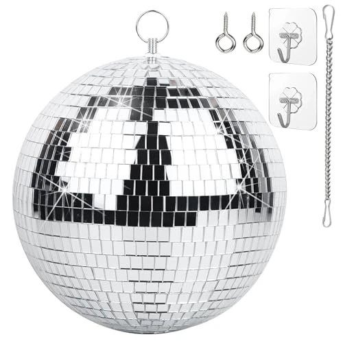 Oversevenls Boule à Facettes Disco 20 cm avec chaîne d'extension et crochet de suspension - Décoration Scintillante pour Fêtes et Événements, Argent
