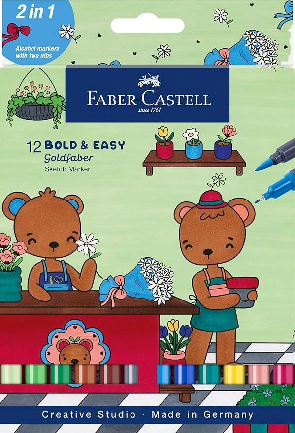 Faber-Castell 164815 - Goldfaber Sketch Marker, 12 marqueurs à alcool avec pointe pinceau et pointe fine