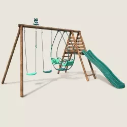 Portique en bois enfant 2 balançoires 1 vis à vis et toboggan - Narcisse