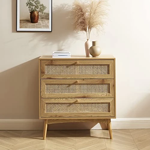 BAÏTA Commode INES Effet chêne et cannage rotin 3 tiroirs