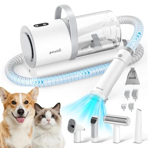 Pecute Aspirateur Poil de Chien et Chat, Professionnelle Tondeuse Chien, 12000 Pa 4 en 1 Kit Toilettage Chiens, 1.5L Capacité, 8 Accessoires, Silencieuse Ultra-Récipient, Absorbe 99% des Poils