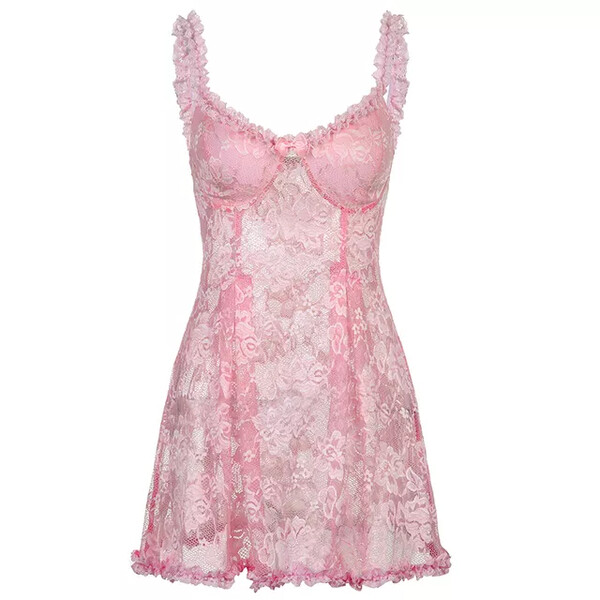 robe camisole en dentelle pour femmes, douce et mignonne, transparente, Sexy, Slim, sans manches, à volants, coupe trapèze, avec nœud, printemps, été | AliExpress