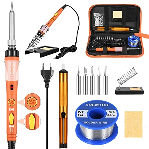 SREMTCH [Upgraded] Fer à Souder Etain de Précision avec Interrupteur ON/OFF, Temperature Réglable 200~450℃, 5 pointes, fil à souder, Support de fer, PU bag