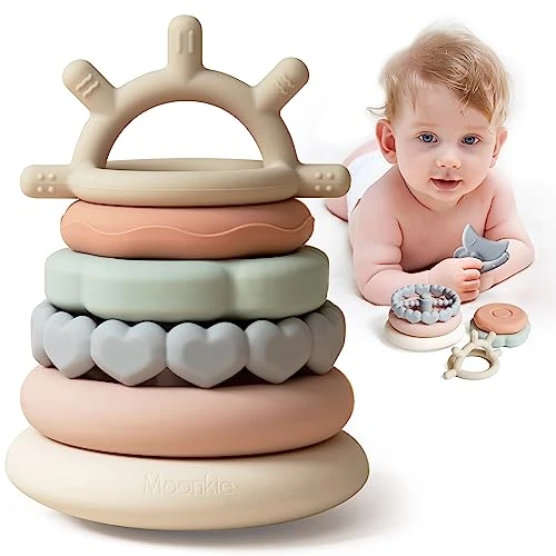 Moonkie Jouets Tour Empilable Bebe avec Anneaux, Jouet Eveil, Jouet Dentition Bain bébé, Jouets d'éducation précoce, Cadeaux pour bébés 6 12 18 Mois