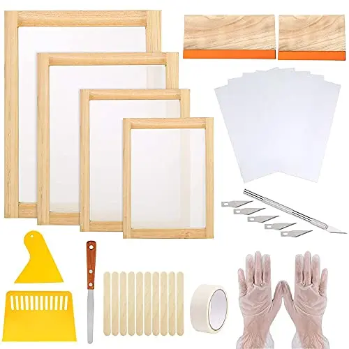 Cayway 42 PCS Kit de Sérigraphie, Cadre de Sérigraphie, Lame de Sérigraphie, Film D'impression, Raclettes et Ruban de Masque pour Débutants et Passionnés de Sérigraphie