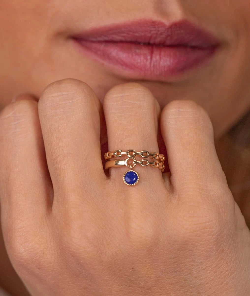 Bague demi jonc double rang et pastille Lapis Lazuli Plaqué or
