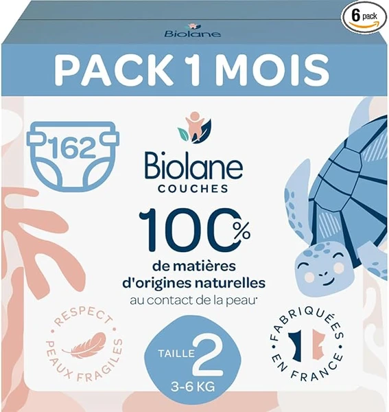 BIOLANE - Couches Taille 2 - (3-6 kg) - Peaux Sensibles - Ultra-Absorbant, Pas de Fuite, 12h au Sec - Pack 1 mois 162 couches - Fabriqué en France