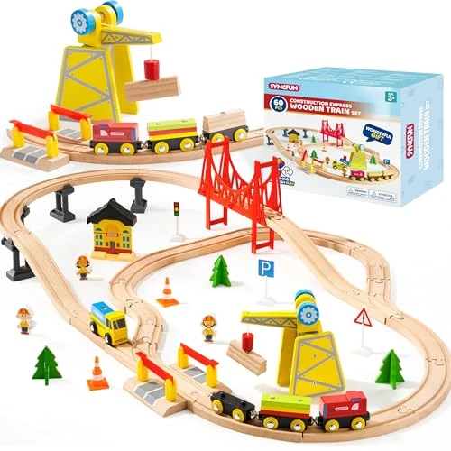 SYNCFUN 60 Pièces Ensemble Train Enfant Montessori, Voiture Enfant, Jouet Train Cadeaux pour Garçons Filles 3 4 5+ Ans, Chemin de Fer d'Ingénierie avec Grue Magnétique, Trains et Accessoires