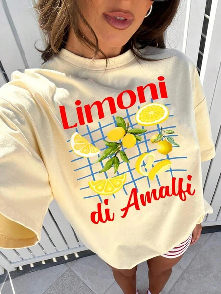 T-shirt ample à encolure ras-du-cou pour femmes avec motif de fruits de citron frais, été | Mode en ligne | SHEIN FRANCE