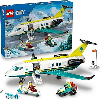 LEGO City L’Ambulance de Secours Aérienne - Jeu de Construction avec Maquette d'avion - 4 Minifigurines Dont 1 Docteur & 1 Pilote - Motoneige, Civière & Outils - Cadeau pour Garçon dès 6 Ans 60465