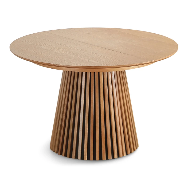 Lewis - Table ronde en placage de chêne avec rallonge 120/160/200 cm - 2 rallonges incluses