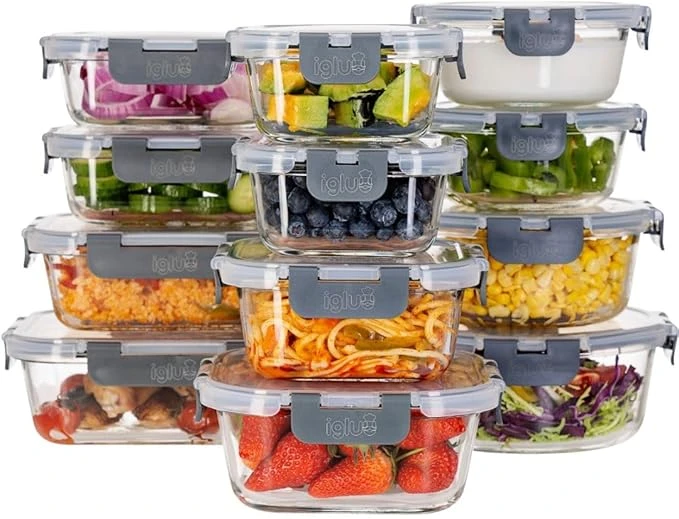 Igluu Meal Prep Boîtes Repas en Verre (Lot de 10) – Couvercle hermétique et sans BPA – Compatibles micro-ondes, four, congélateur et lave-vaisselle – 370 ml et 1050 ml - Verre Borosilicate