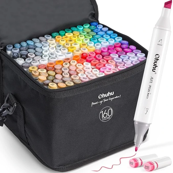 Ohuhu Marqueurs permanent à Double pointes 160 couleurs Surligneurs avec étui de transport pour le dessin Esquisse Coloriage pour adultes Soulignement et surlignement
