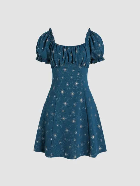 Mini-robe conversationnelle à col carré et bordure en laitue étoilée