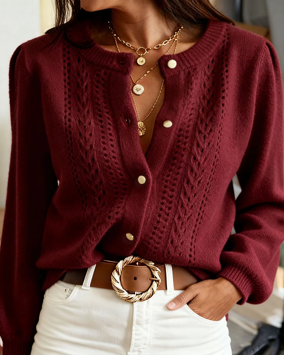 — rihoas, round neck knit cardigan (red wine, M)