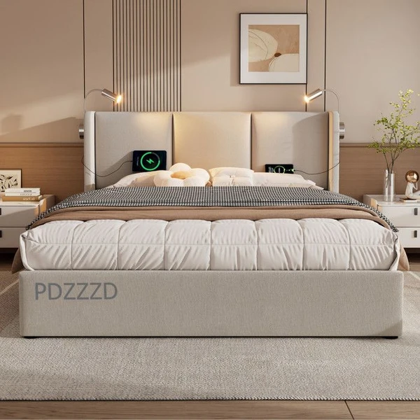 Lit coffre double 140 x 200 cm en lin beige Coffre de rangement avec lampe de lecture et USB Sommier à lattes Sans matelas