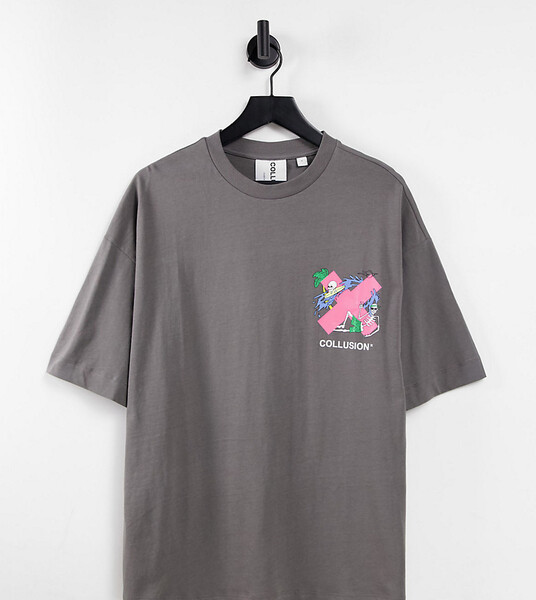 COLLUSION - Unisex - T-shirt oversize en coton biologique à logo et imprimé squelette - Charbon-Vert
