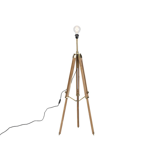Lampadaire country tripode bois avec laiton antique - Cortin