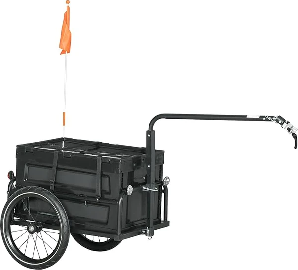 HOMCOM Remorque Chariot à vélo avec Coffre de Rangement Amovible et Pliable de 65L, pneus et réflecteurs de sécurité, Charge maximale de 40KG